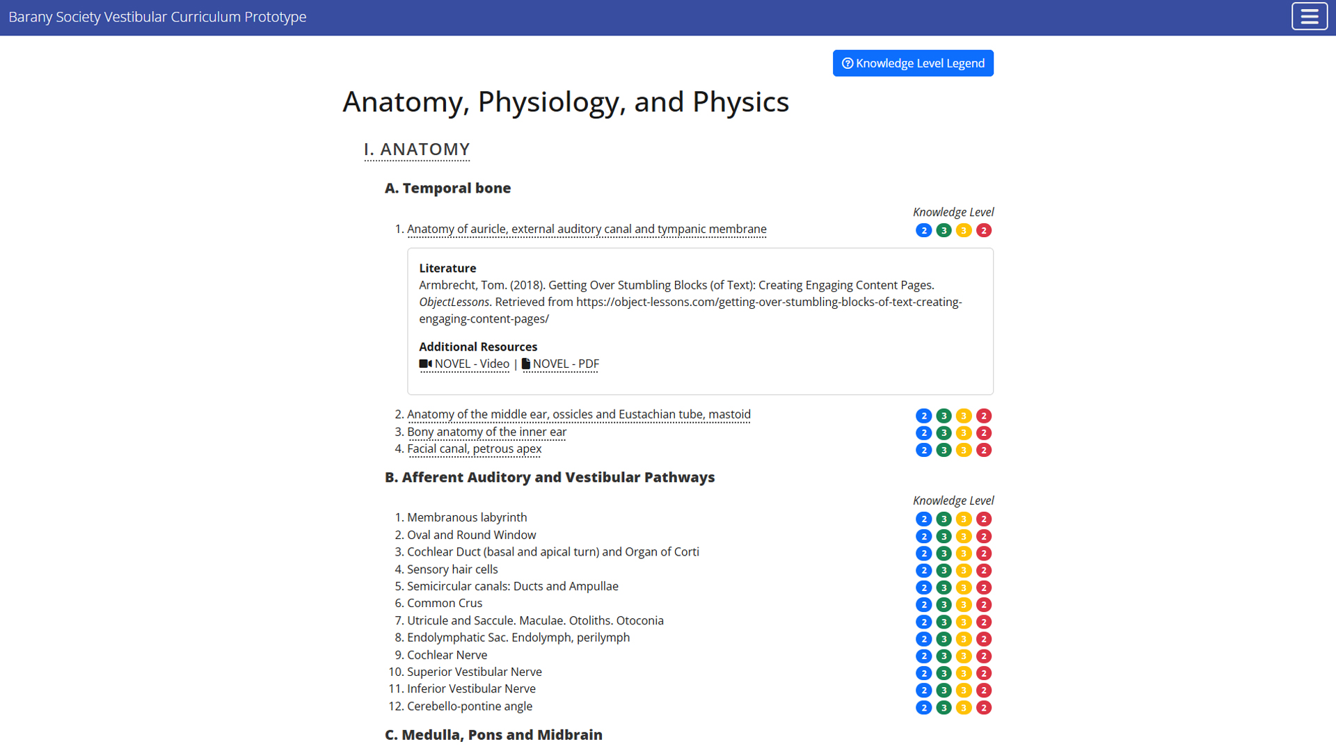 Screenshot of the Barany Society Vestibular Curriculum prototype